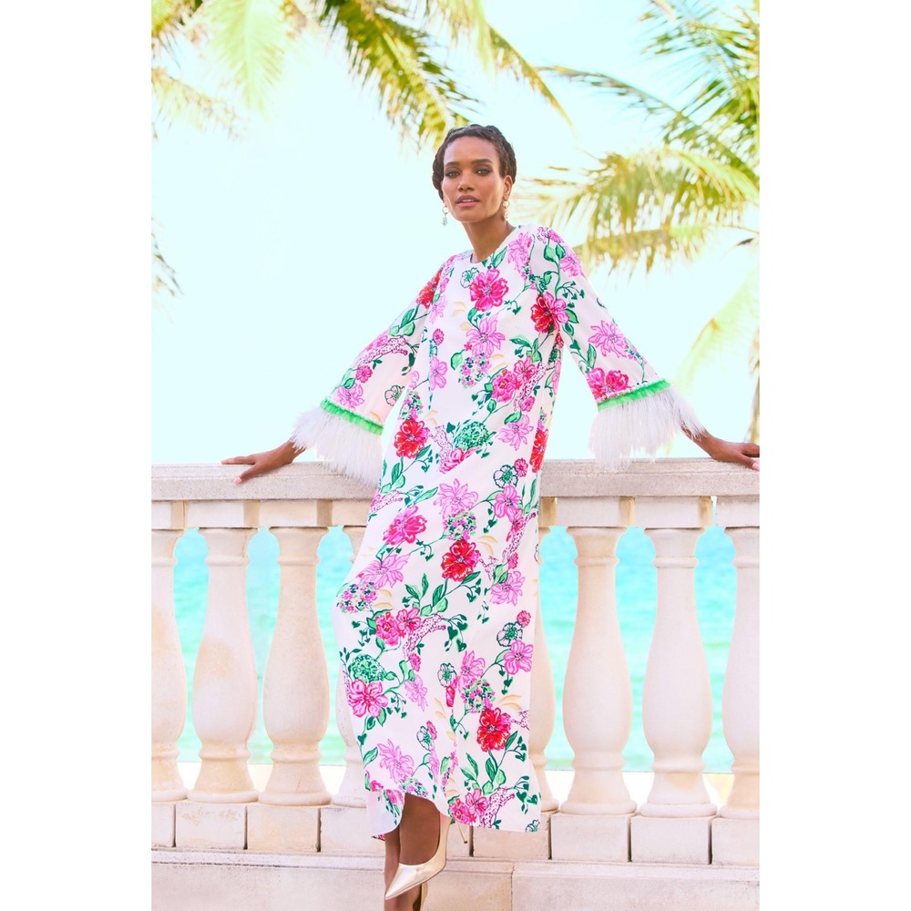 Lilly Pulitzer Nathalia Silk Maxi Dress 6 Coconut Safari Sanctuary Embellished